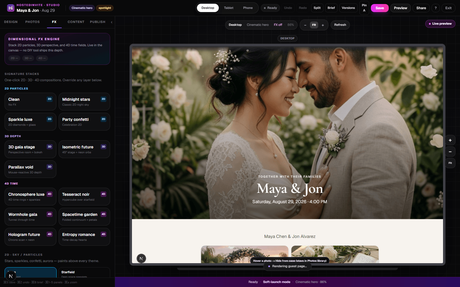 HostedInvite Design Studio™ — live canvas with wedding preview and FX panels