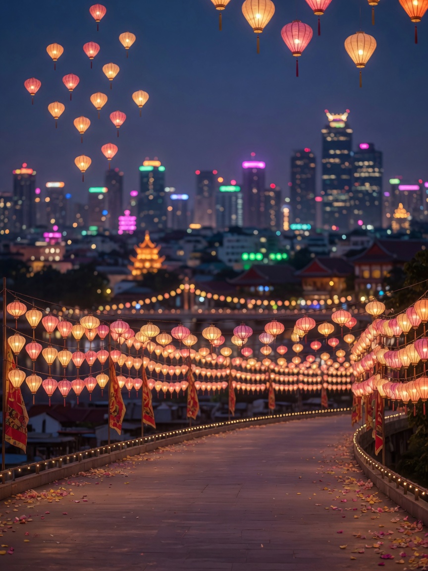 Lanterns and city lights over the festival path