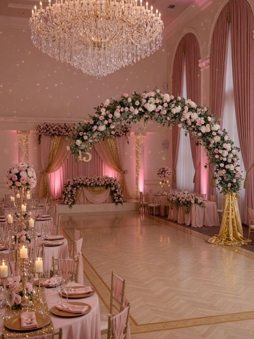 Blush and gold ballroom ready for the quince reception